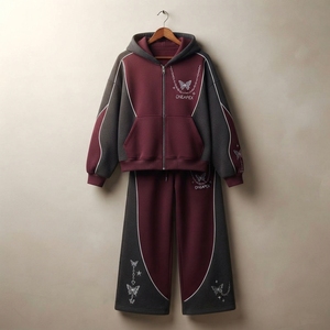 Women's Burgundy <b>Charcoal</b> Zip Hoodie Tracksuit Set Butterfly Print Color Oversized <b>Jogger</b> Pants Streetwear - Product Image 1