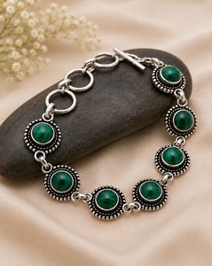 Bracelet en argent sterling et malachite – Bracelet à maillons en pierres précieuses vertes fait main, bijou bohème vintage, cadeau pour femme, argent artisanal - Product Image 1