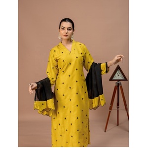 Premium Quality Yellow Cotton Long <b>Kurti</b> With Matching Pant And Dupatta Designer Ethnic Wear Set For Women Wedding Party - Product Image 2