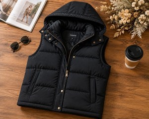 Gilet matelassé unisexe personnalisé, chaud et léger, d'hiver, avec capuche, sans manches, pour l'extérieur, avec logo frontal, vente en gros - Product Image 3