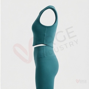 Ensemble de yoga 2 pièces pour femmes, haut court côtelé sans manches bleu sarcelle et leggings taille haute - Product Image 3