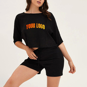 Nouvel ensemble deux pièces noir pour femme, col en V, haut court et short uni, coupe décontractée, vêtement d'automne, tricoté en polyester/coton 180g - Product Image 5