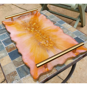 Flower Shaped <b>Epoxy</b> Resin Serving Tray With Gold Handles Purple Geode Agate Coaster Platter Decorative <b>Coffee</b> <b>Table</b> Centerpiece - Product Image 3