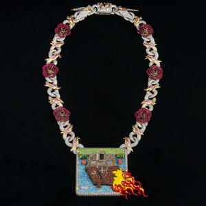 Collar con Colgante Temático de Casa y Llama, Incrustaciones de Cristal y Diamantes de Imitación, Aleación Chapada en Oro, Joyería Hiphop Unisex, Regalo - Product Image 2