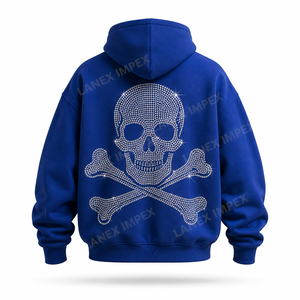 Sweat-shirt à capuche bleu pour homme avec logo personnalisé, fermeture éclair intégrale, coupe oversize, épais, avec design en strass sur le devant, style hip-hop streetwear. - Product Image 3