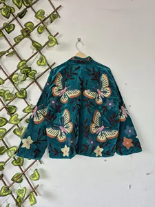 Premium Teal <b>Velvet</b> Suzani Embroidery <b>Jacket</b> With Butterfly Print Full Sleeve Stand Collar Boho Chic Women's Autumn Coat - Product Image 2