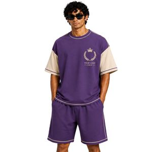Royal Purple Mens Oversized T Shirt And Shorts <b>Set</b> Beige Contrast Sleeves Custom Logo Crew Neck Casual Streetwear Wholesale - Product Image 1