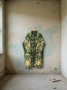 Elegante Chaqueta Larga de Terciopelo Verde Bordada con Diseño Floral Estilo Bohemio, Cuello Alto y Manga Larga para Mujer, Ropa de Invierno - Product Image 3