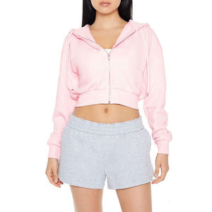 High Quality <b>Women's</b> Cropped Zip-Up <b>Hoodie</b> Long Sleeve Drawstring Winter Breathable Jacket with Pockets <b>Pink</b> - Product Image 2