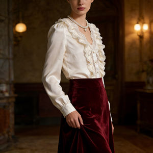 Oferta especial en Temu |   Blusa Elegante para Mujer con Volantes y Encaje, Cuello en V, Manga Larga, Botones al Frente, para Uso Diario, Fiestas y Trabajo - Product Image 4