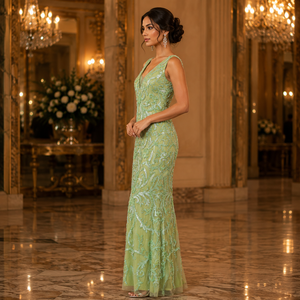 Luxury Women Green Embroidered Evening Gown | Elegant V Neck Maxi Dress Premium Designer Party Wear Wedding Reception Formal - Product Image 3