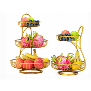 Panier à fruits à 3 niveaux, support à fruits en métal pour comptoir de cuisine, organisateur de fruits en fil doré, panier de rangement multi-niveaux pour comptoir - Product Image 1