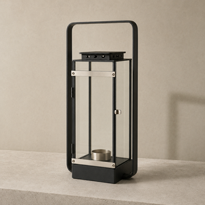 Farol de vela de metal dorado antiguo diseñado con una silueta rectangular limpia y un refinado acabado metálico cálido. - Product Image 3