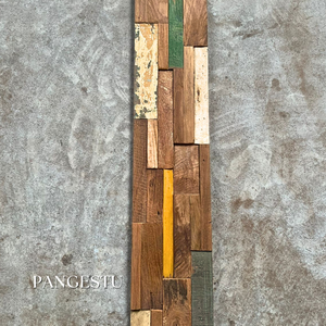 Panneau mural décoratif géométrique en bois de teck recyclé moderne, insonorisant, multicolore, rustique, pour appartement - Product Image 3