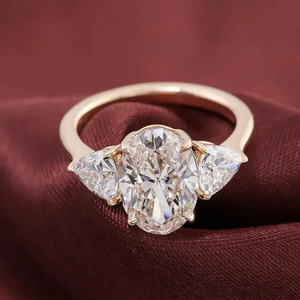 Bague de fiançailles en diamant de laboratoire IGI, diamant taille ovale et taille triligne, bague en or 14 carats, bijoux de mariage trilogie, fabricant sur mesure - Product Image 4