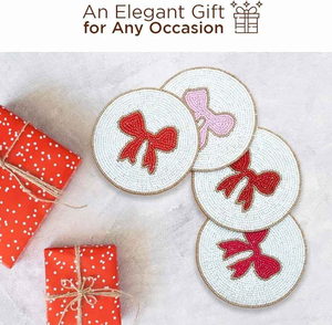 Round glass beaded embroidery coaster set cute bowknot design white handmade cup mat <b>red</b> pink <b>ribbon</b> motif table decor placemat - Product Image 5