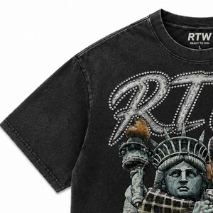 Camiseta negra de manga corta para hombre RTW con estampado de la Estatua de la Libertad y estampado de hombre, estilo urbano, cuello redondo, corte regular - Product Image 5