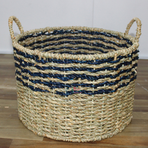 Cestas de jacinto de agua a rayas náuticas tejidas a mano con asas para organización del hogar y uso decorativo - Product Image 4