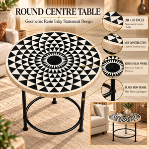 Geometric Round Centre <b>Table</b> with Resin Inlay | MDF Top <b>Black</b> Iron Frame Artistic Luxury Modern Designer <b>Living</b> <b>Room</b> Accent - Product Image 5