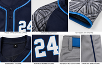Seragam Jersey Baseball Pria Lengan Pendek Kancing Depan Motif Geometris Penyerap Keringat 100% Poliester Celana Abu-abu dengan Sabuk Biru