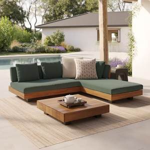 Conjunto de Sofás Seccionales en Forma de L para Exteriores con Cojines Verdes, Estructura de Madera, Asientos de Jardín, Muebles de Patio Contemporáneos - Product Image 1