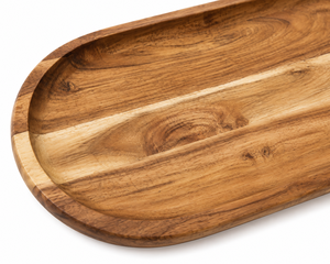 Plateau de service en bois d'acacia semi-circulaire artisanal pour apéritifs, collations et repas - Product Image 2