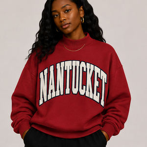 เสื้อสเวตเชิ้ตสีเทาอ่อน คอเต่าสีแดงลาย Nantucket แต่งขอบสีเทา ทรงหลวม แขนยาว สวมใส่สบาย เข้ากับชุดลำลอง - Product Image 2