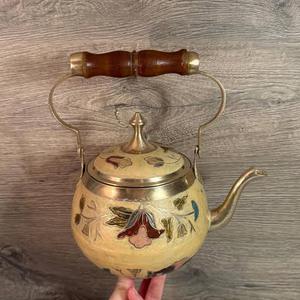 Vintage Brass <b>Kettle</b> With Wooden Handle Floral Enamel Design Water Pot With Lid - Product Image 1