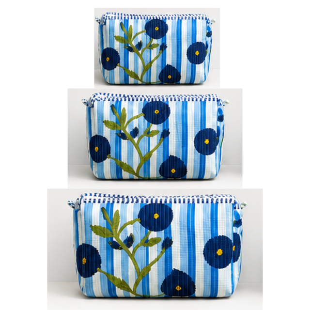 Striped Blue Floral Quilted Cotton Eco-Friendly Large Capacity Handcrafted Cosmetic Bag Set 3 Storage Gifting Travel All Season