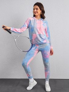 Women <b>Tie</b> <b>Dye</b> Hooded Tracksuit <b>Set</b> Full Sleeve Gradient Color Casual Wear Spring Style With Side Pockets Elastic Waist - Product Image 2