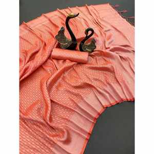 DESIGNER SOIE DOUCE KUBERA PATTU JACQUARD TRAVAIL SAREE AVEC BLOUSE INCOUSÉE PÊCHE - Product Image 1