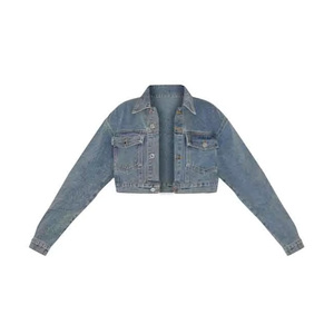 <b>Spark</b> Clothing Women's Cropped Denim <b>Jacket</b> Blue Turn Collar Button Closure Trucker Style Full Sleeve Waterproof Spring Washed - Product Image 4
