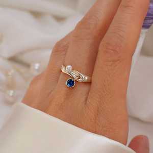 Pearl Sapphire Wave <b>Ring</b> 925 Sterling Silver 14K Gold Plated Adjustable <b>Dainty</b> <b>Ring</b> Gift For Her Jewelry - Product Image 5