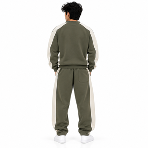 Conjunto de Sudadera y Pantalones Deportivos para Hombre, Verde Oliva, 2 Piezas, Cuello Redondo, Pantalones Anchos con Paneles Beige en Contraste, Corte Holgado, Estilo Urbano, OEM - Product Image 3