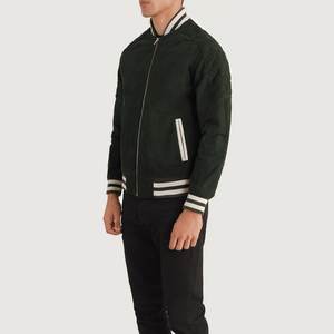 <b>Men's</b> Green <b>Suede</b> Bomber <b>Jacket</b> With White Stripe Trim Regular Fit Zipper Closure Casual Varsity <b>Jackets</b> - Product Image 2