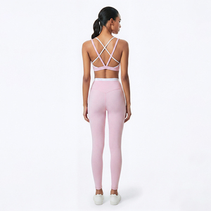 Pink Halter Neck Quarter-zip Print Sleeveless <b>Crop</b> <b>Top</b> High Waist Full-Length Leggings 2-Piece Yoga Set Seamless Breathable - Product Image 4