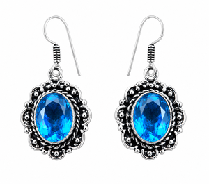 Boucles d'oreilles pendantes florales en argent oxydé et topaze pour femme |   Boucles d'oreilles en pierres précieuses faites à la main |   Bijoux Bohèmes Vintage pour Fêtes - Vente en Gros - Product Image 1