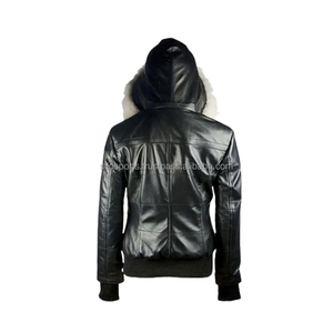 Chaqueta Bomber de Cuero Negro Premium OEM 2025 para Mujer con Capucha, Venta al por Mayor, Alta Calidad, MOQ Bajo, Moda de Invierno, Transpirable, Personalizable - Product Image 2