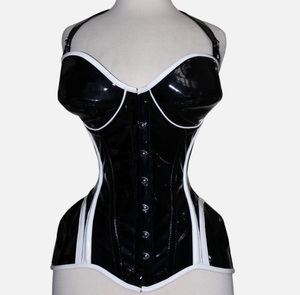 <b>Women</b> Black <b>Latex</b> Corset With White Trim Firm Control Shaper Hook And Eye Closure - Product Image 5