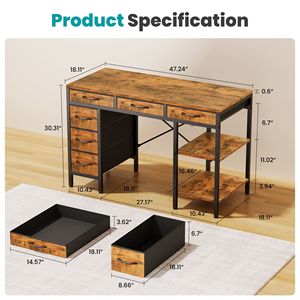 47 Inch <b>Foldable</b> Computer Desk with Fabric Drawers and Storage Shelves <b>Small</b> Home Office Study <b>Table</b> for Bedroom Rust - Product Image 5