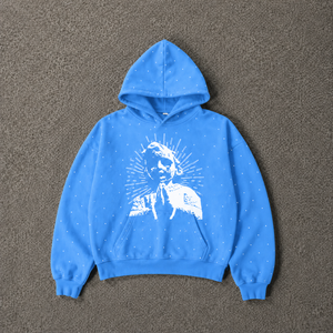 <b>Men's</b> Blue Hooded <b>Sweatshirt</b> With <b>White</b> Printed Portrait Design Regular Fit Casual Style Front Logo Cotton French Terry Material - Product Image 5