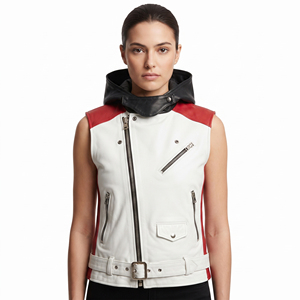 Women's <b>Zipper</b> Multi Pockets Leather Hoodie Vest Ladies Waist Belt Leather Hood Sleeveless High Quality Leather Vest Hooded - Product Image 6