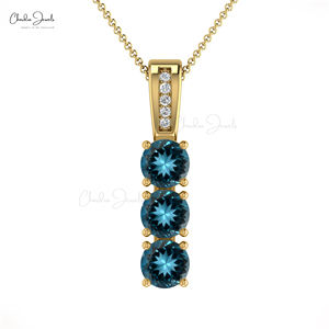 Produits Tendances : Pendentif Trilogie en Topaze Bleue de Londres Ronde de 4 mm et Diamants, avec Or Massif 14 carats, Bijoux de Mariage, Lots en Gros - Product Image 3