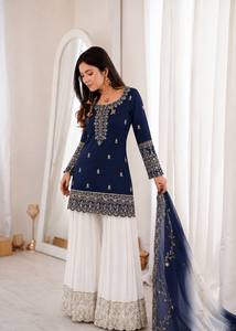 Robe Anarkali traditionnelle indienne et pakistanaise bleu marine pour femmes, brodée, avec dupatta, tenue décontractée en coton - Product Image 4