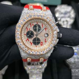 Montre-bracelet de luxe bicolore pour homme, entièrement sertie de diamants Moissanite, bracelet en caoutchouc rouge et noir, cadran date, entièrement mécanique - Product Image 4