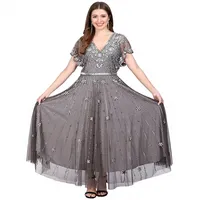 Robe longue de soirée en tulle gris de luxe, col en V, manches évasées, ornée de perles