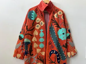 Bohemian <b>Coral</b> Red Embroidered Velvet Suzani Long <b>Jacket</b> With Floral Design Full Sleeve Winter Outerwear For Women - Product Image 2