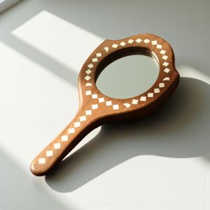 กระจกมือถือไม้ลายเพชร กระจกแต่งหน้าพกพาสำหรับผู้ชายและผู้หญิง - Product Image 2