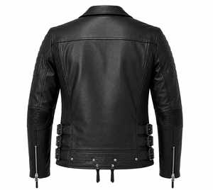 <b>Men's</b> Black Leather <b>Biker</b> <b>Jacket</b> Slim Fit Zipper Closure Turn-down Collar Eco-friendly Front Logo Winter Wear - Product Image 4