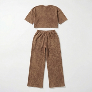 Marble-Wash Brown Crop Top & Wide-Leg <b>Sweat</b> <b>Set</b> — Vintage-Inspired Athleisure Lounge <b>Set</b> | OEM Casual & Streetwear Manufacturer - Product Image 2
